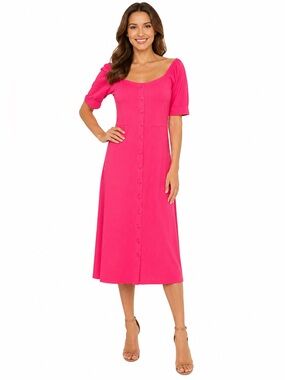 Pink Martini Lorelei Hot Pink Button Front Midi Dress Size S
